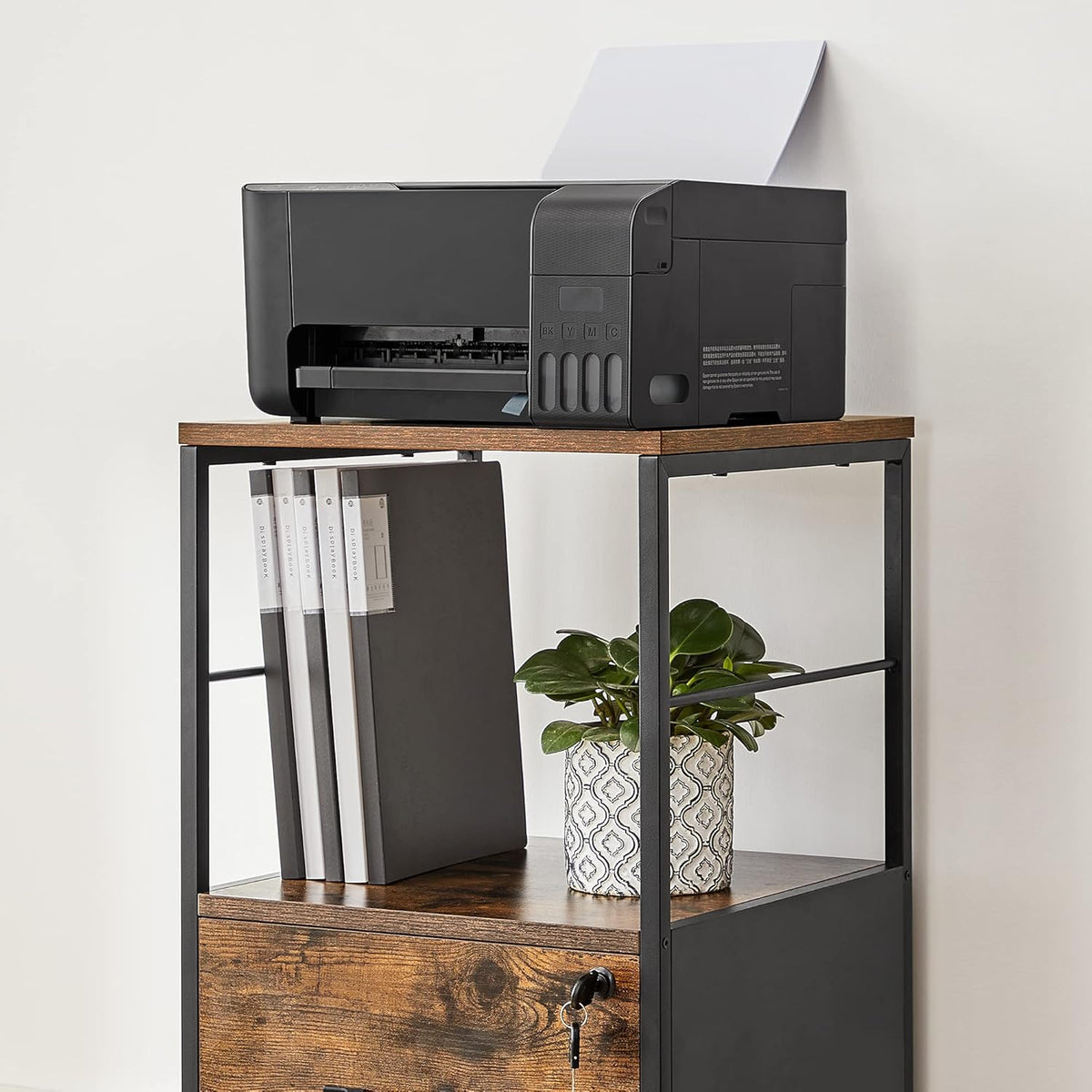 Rustic Brown and Black Rolling File Cabinet with Drawer and Lock Y299189