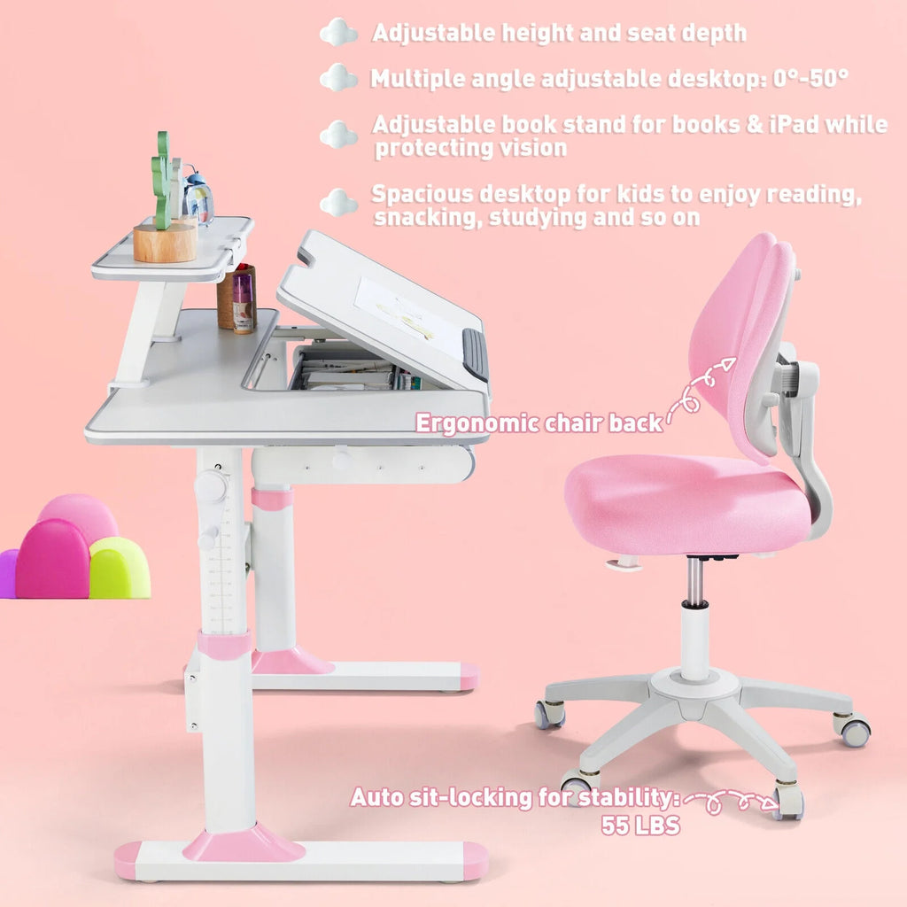 Pink Kids Study Desk and Chair Set with Writing Board, Drawer, Bookstand Y9929