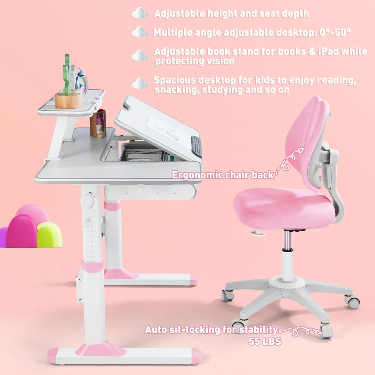 Pink Kids Study Desk and Chair Set with Writing Board, Drawer, Bookstand Y9929