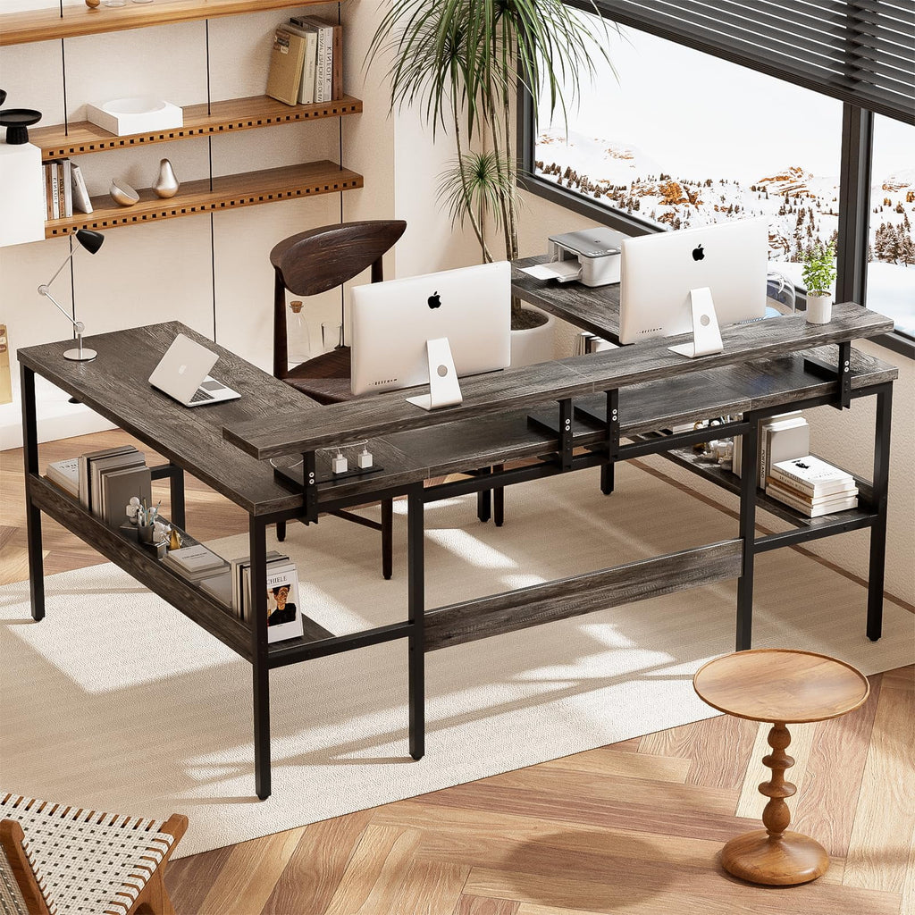 Black Oak U-Shaped Computer Desk with Power Outlets and LED Lights E8200