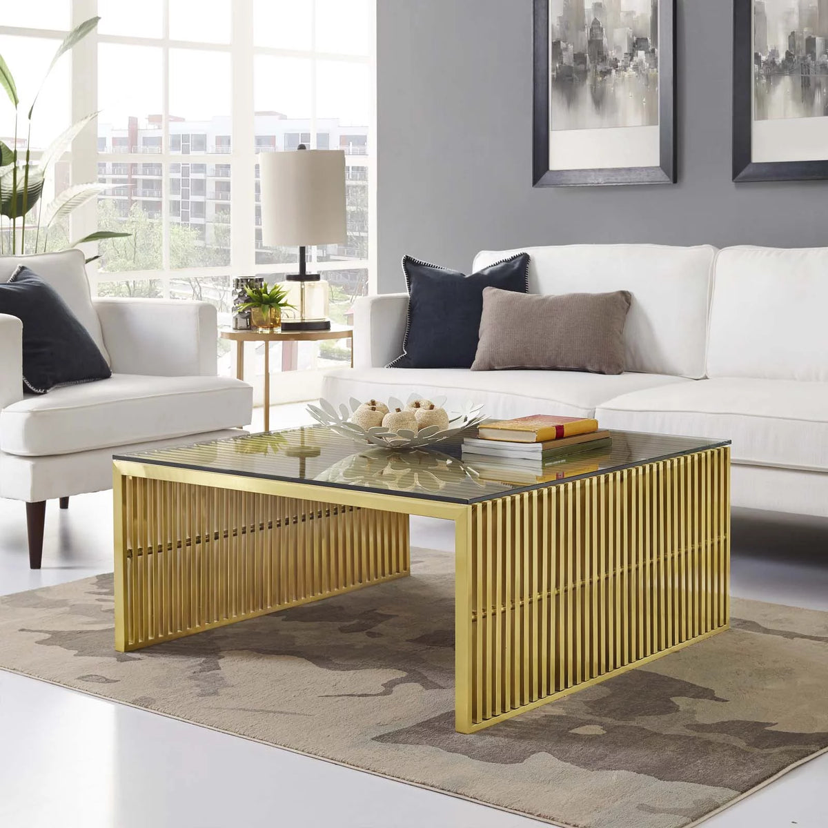 Modern Deco Coffee Table, Metal Steel Stainless Steel Glass, Gold E1038
