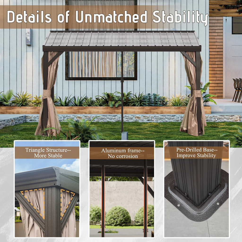 10x12FT Hardtop Wall Mounted Gazebo with Curtains and Netting I2113