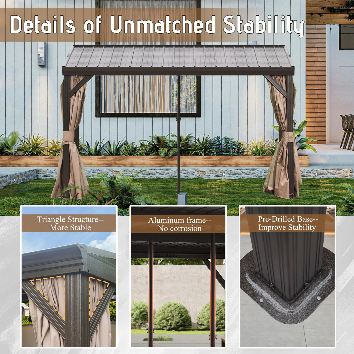 10x12FT Hardtop Wall Mounted Gazebo with Curtains and Netting I2113