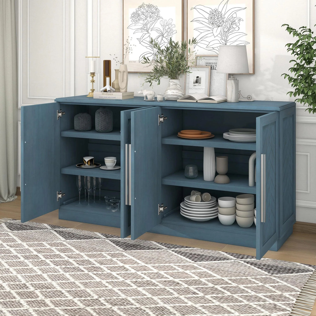 Blue 4 Door Wood Buffet Cabinet with Adjustable Shelves C460