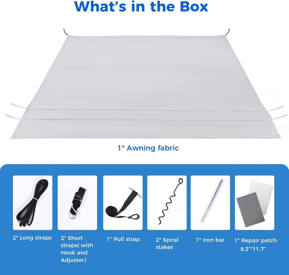 280GSM RV Awning Replacement Fabric with Awning Anchor Kits & Pull Tension Strap, Gray I867391