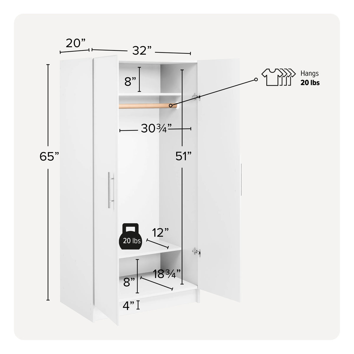 White Wardrobe Closet with Hanging Rail K14260