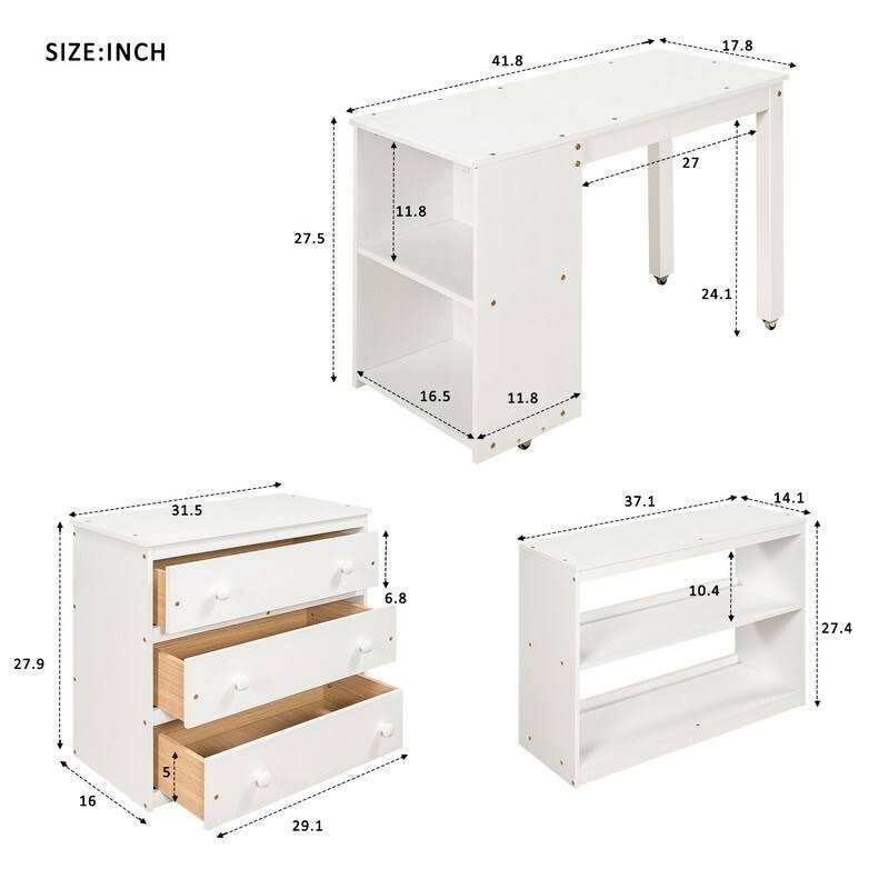 White Twin Loft Bed with Cabinet and Rolling Desk P2388