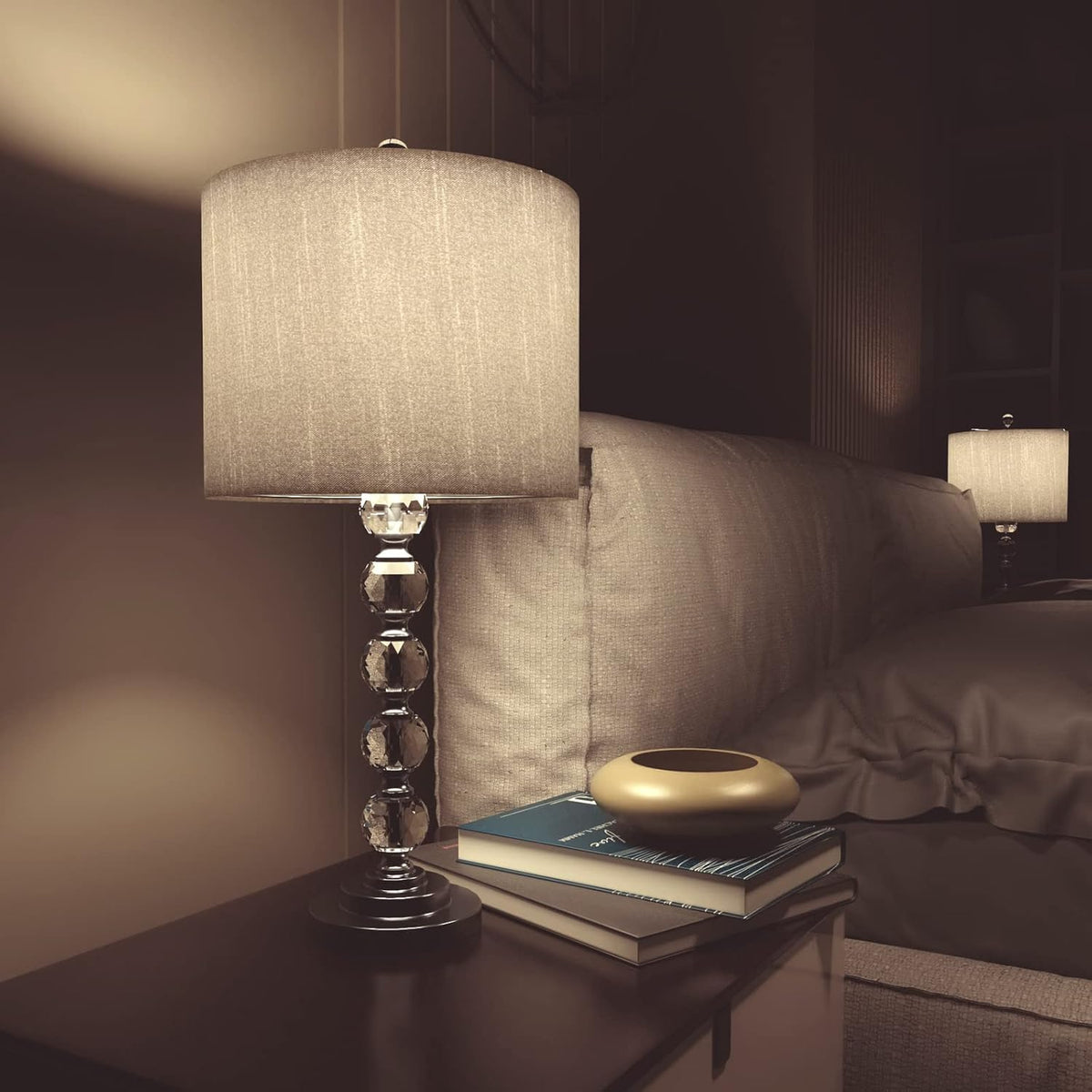 Crystal Linen Drum Shade Table Light Set of 2 A491