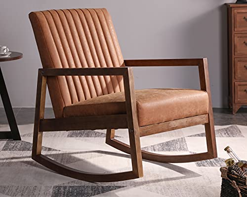 Leather Rocking Chair with Padded Seat Wood Frame Dark Brown PU F7134