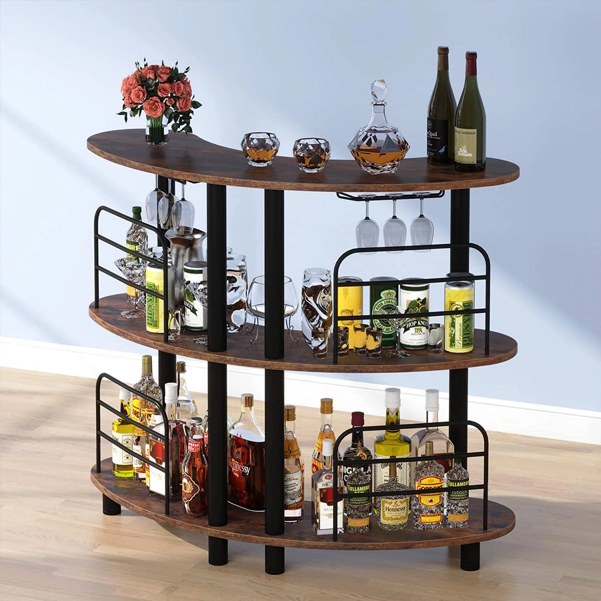 Rustic Brown 3 Tier Wine Bar Cabinet with Storage Shelves Z33553