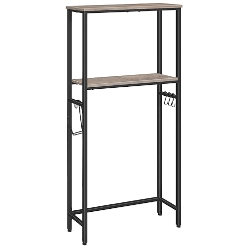 Greige and Black 2-Tier Over The Toilet Storage Shelf with Toilet Paper Holder and Hooks H431587