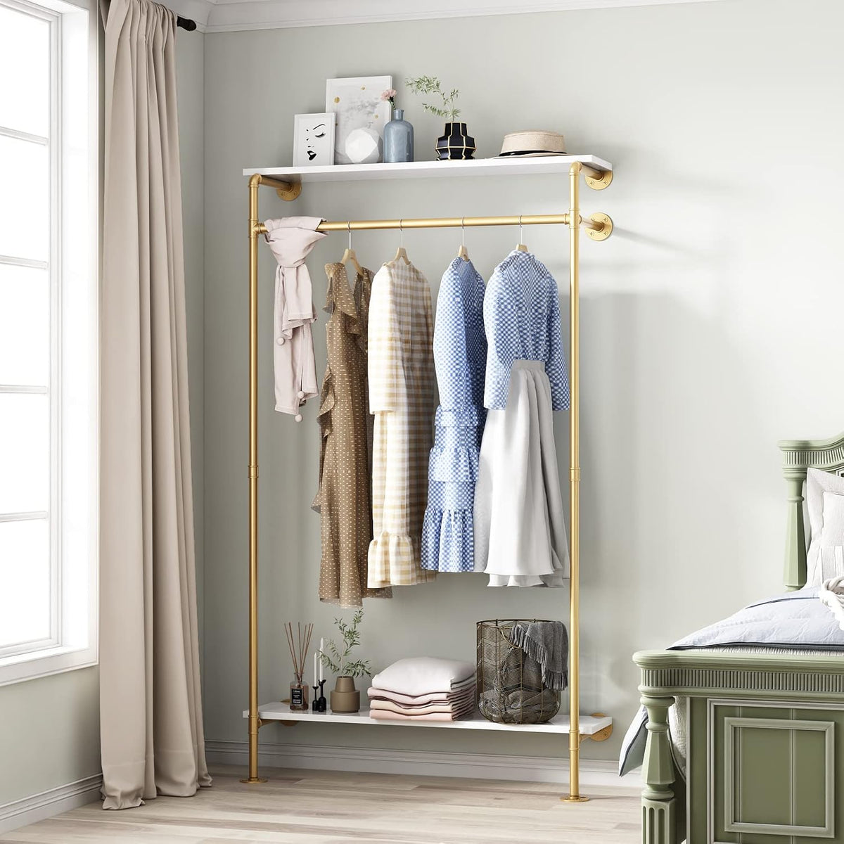 Industrial Pipe Clothing Rack with 2-tier Wooden Shelves Gold R6289