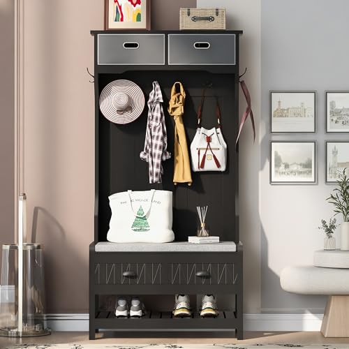 60 Inch Black Hall Tree with Bench and Shoe Storage R674