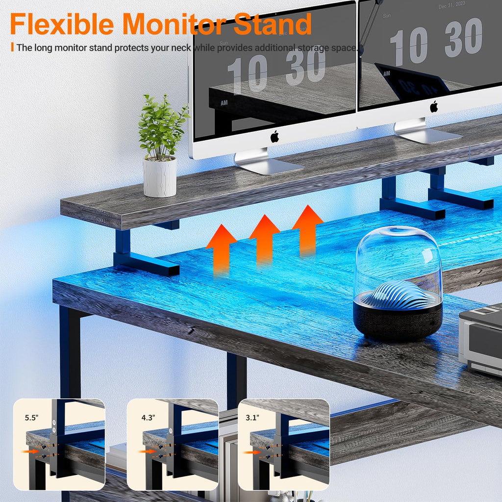 Black Oak U-Shaped Computer Desk with Power Outlets and LED Lights E8200