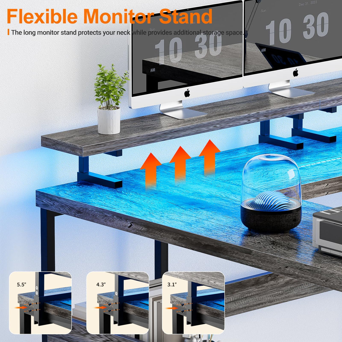 Black Oak U-Shaped Computer Desk with Power Outlets and LED Lights E8200