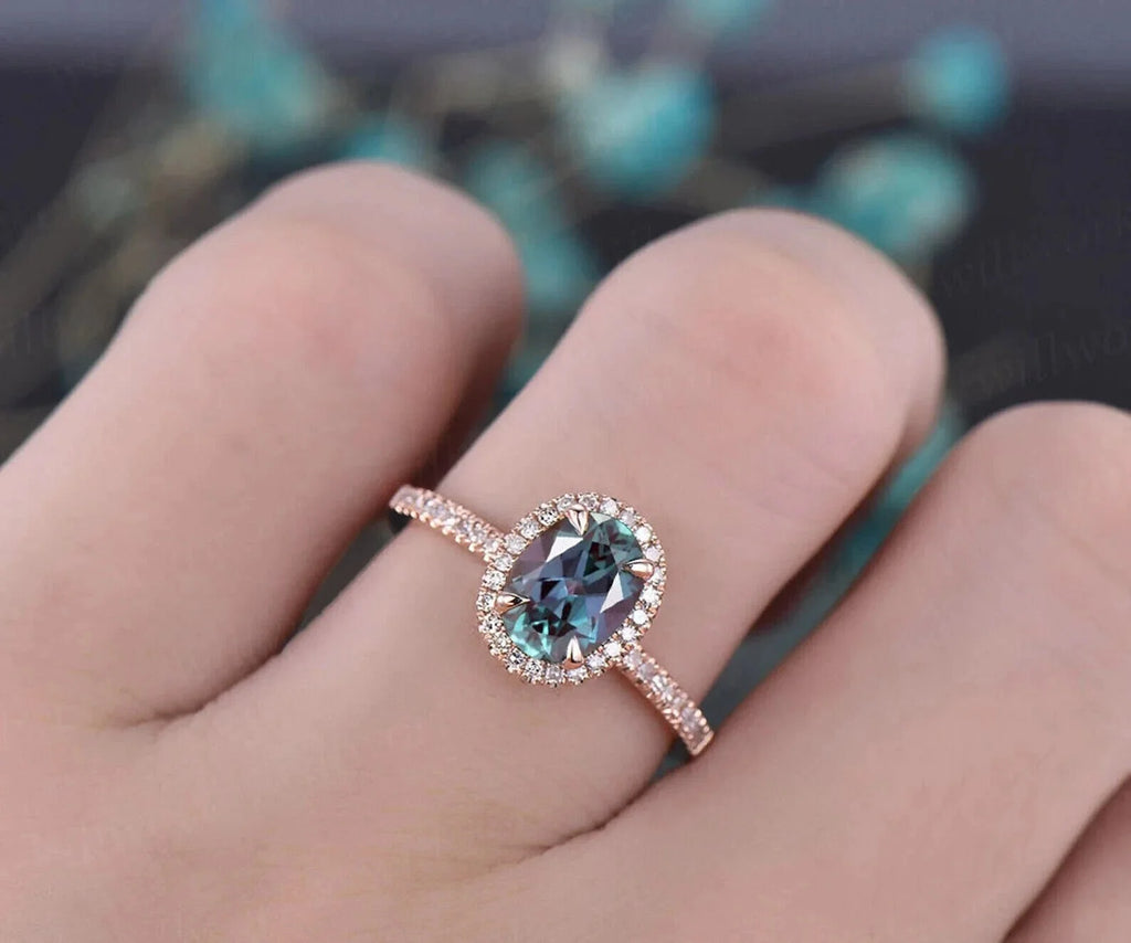 Oval Alexandrite Ring 14k Rose Gold Halo Ring A700