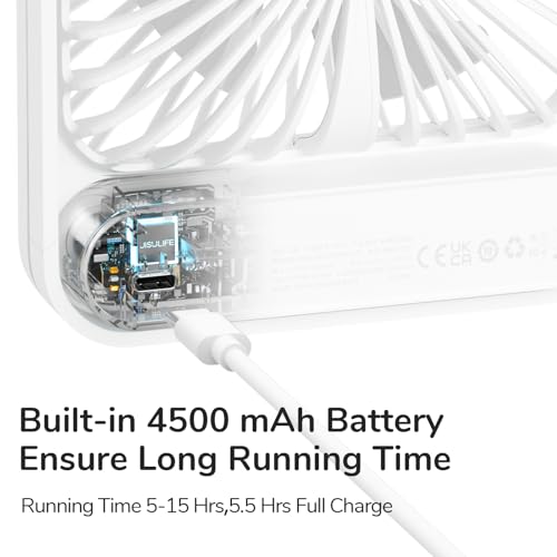 Desk Fan Battery Rechargeable, 4500mAh 180°Foldable Portable Personal Fan, 4 Speeds Adjustable White W48759