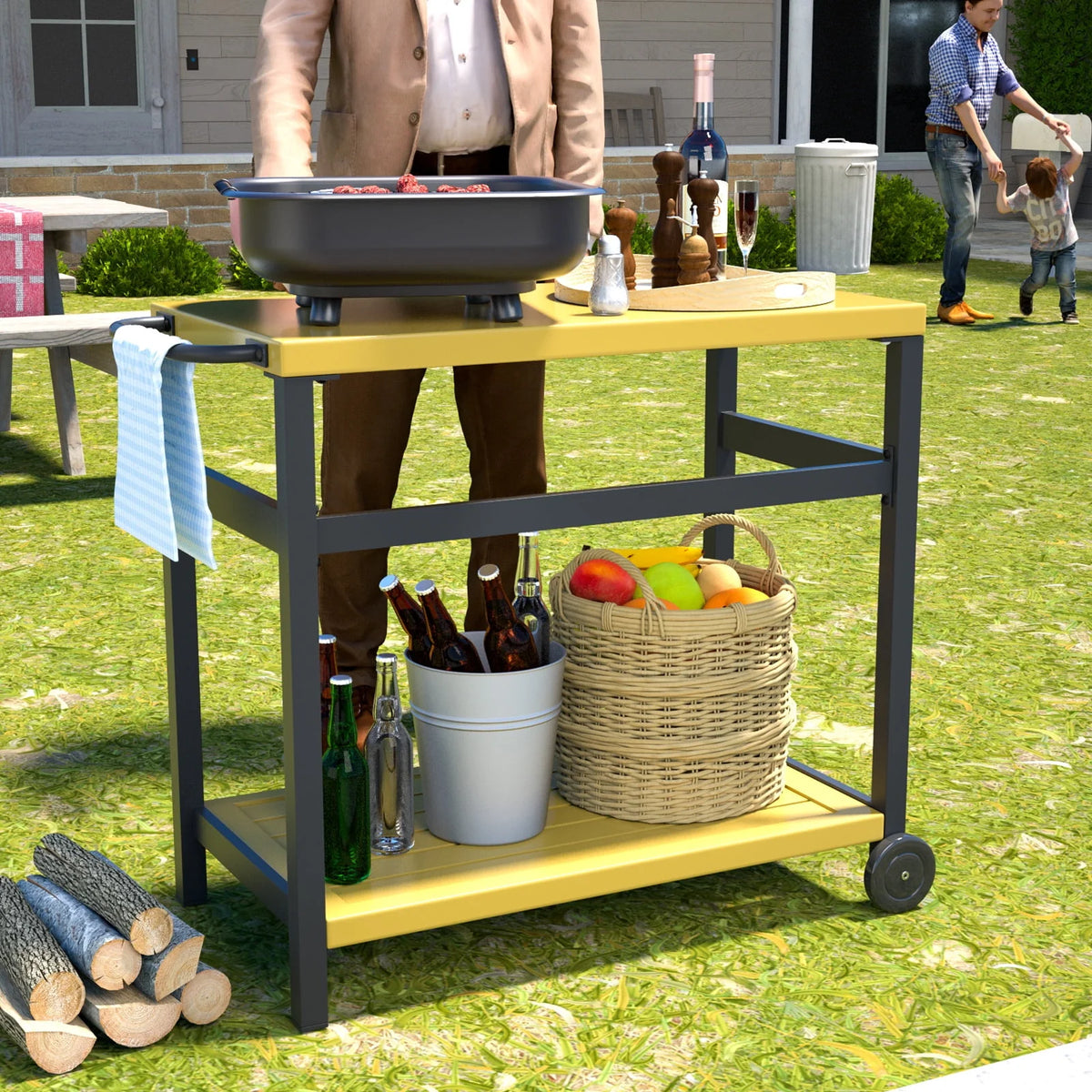 Outdoor Dining Cart Table Aluminum Grill Table with Wheels H46446