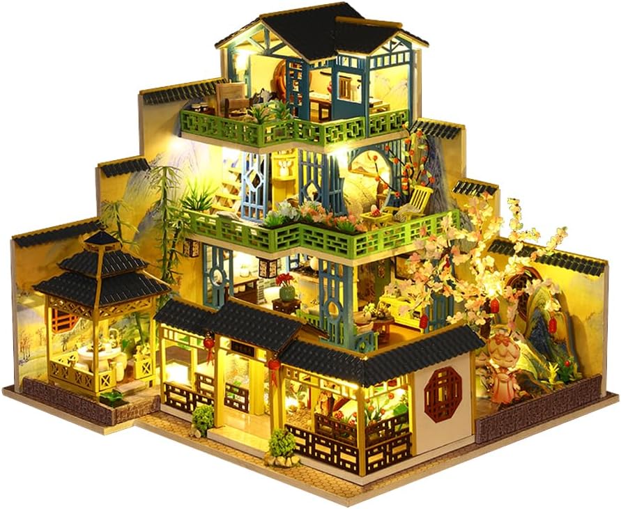 Miniature Three-Storey Villa Dolls House, Wooden Furniture, DIY Dollhouse Kit with LED B66689