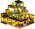 Miniature Three-Storey Villa Dolls House, Wooden Furniture, DIY Dollhouse Kit with LED B66689