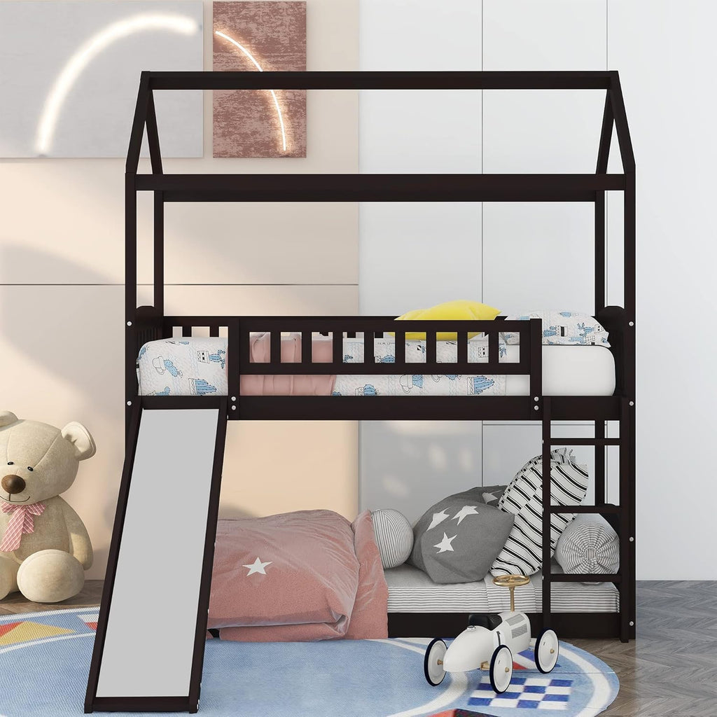 Twin House Shaped Bunk Beds with Slide and Ladder W242259