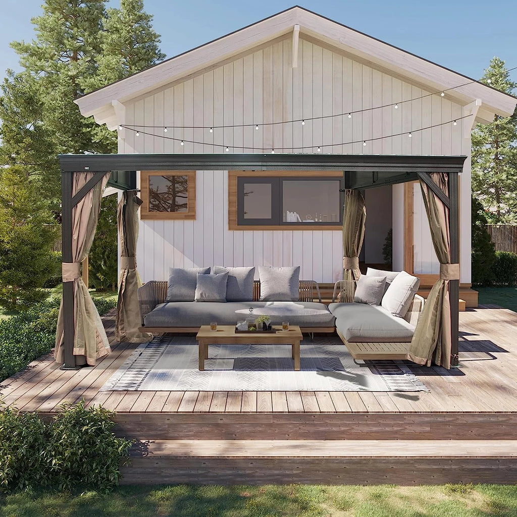 10x12FT Hardtop Wall Mounted Gazebo with Curtains and Netting I2113