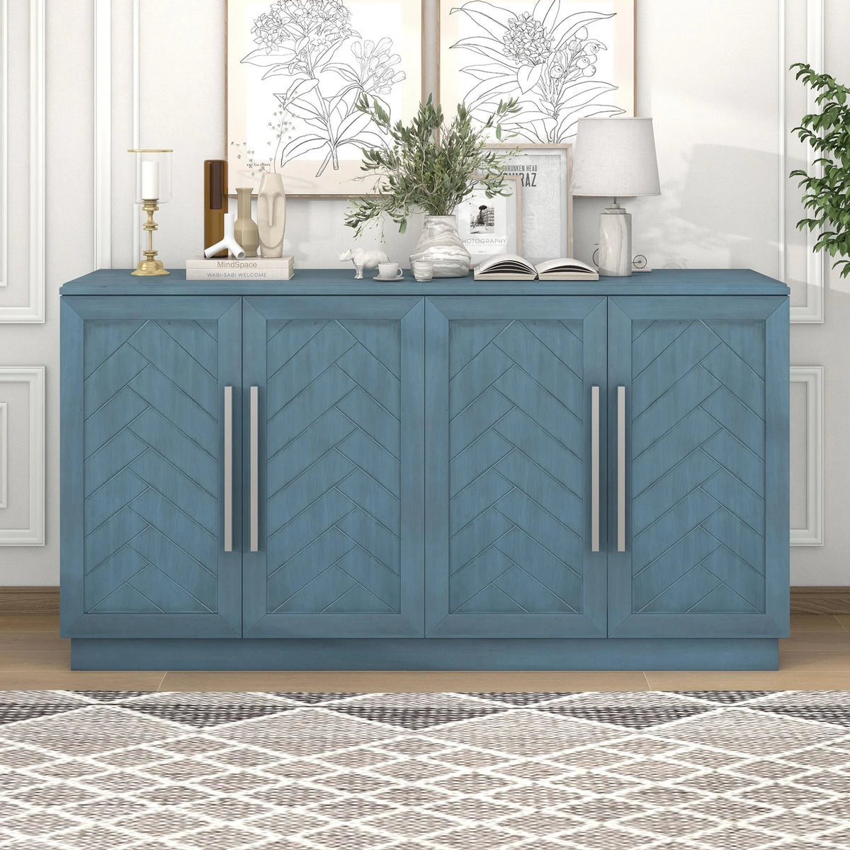 Blue 4 Door Wood Buffet Cabinet with Adjustable Shelves C460