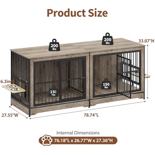 75'' Double Dog Crate Furniture with Double Door Grey P8357
