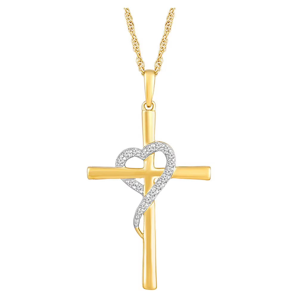 14K Yellow Gold Round Diamond Cross Heart Pendant Necklace with Gold Plated Silver Rope Chain, 18" C295