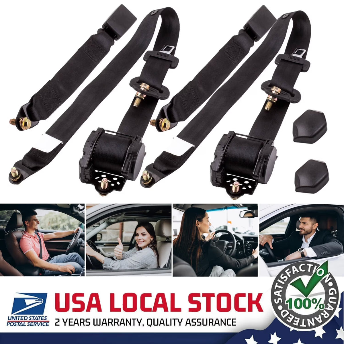 2 Pack Universal 3 Point Retractable Car Seat Belt, Black D387