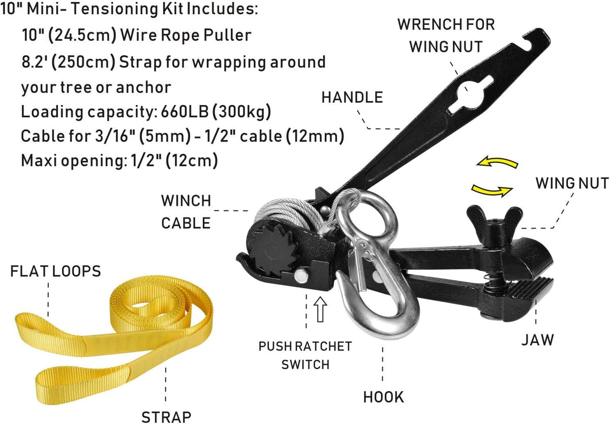 Zipline Tensioning Kit with Mini Ratchet, Cable Grip, Tree Sling, Pack of 2 K798