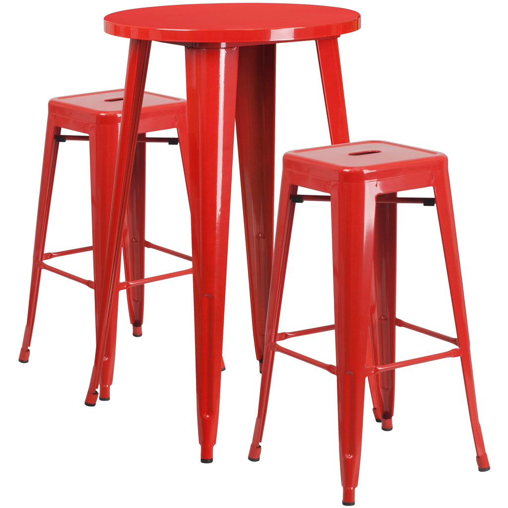 Commercial Grade Round Red Metal Indoor-Outdoor Bar Table Set with 2 Backless Stools W639530