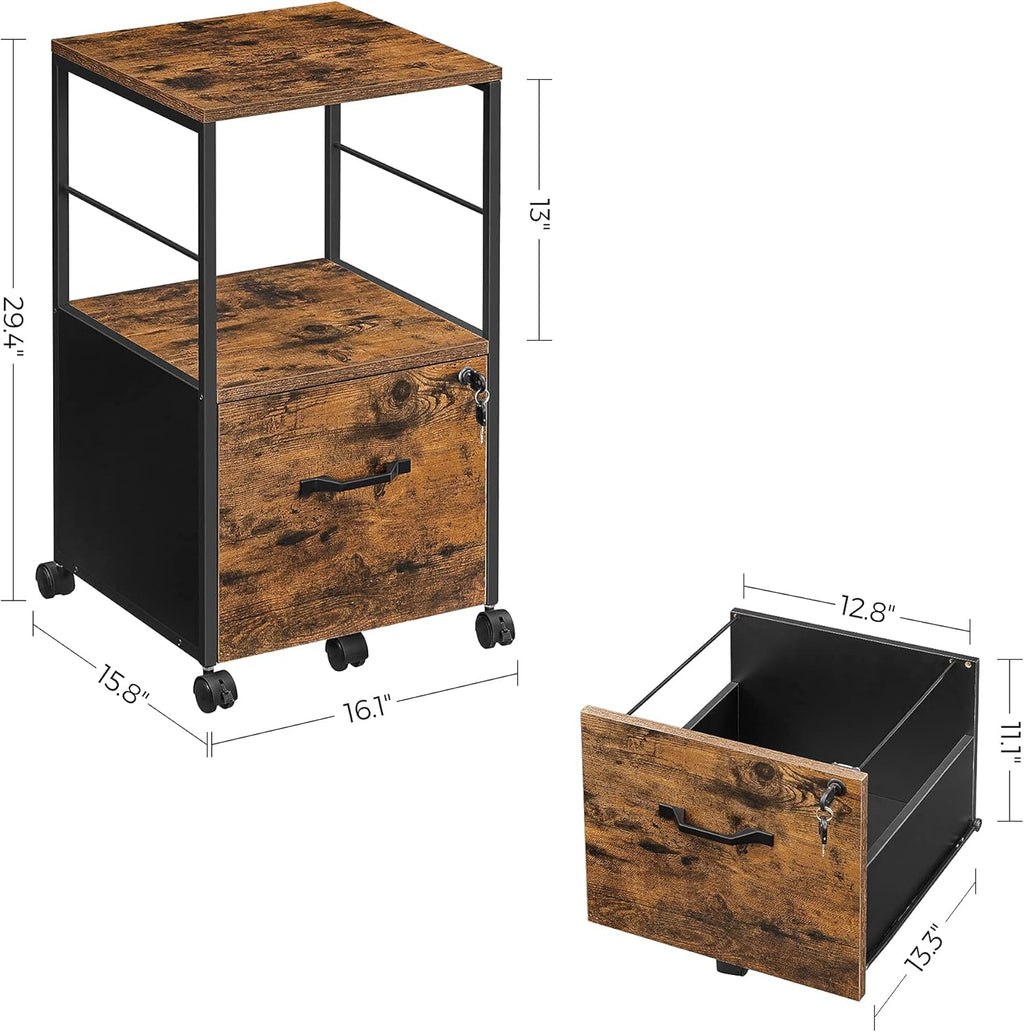 Rustic Brown and Black Rolling File Cabinet with Drawer and Lock Y299189