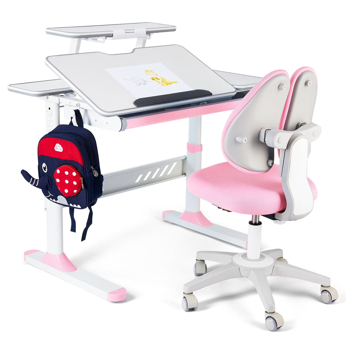 Pink Kids Study Desk and Chair Set with Writing Board, Drawer, Bookstand Y9929