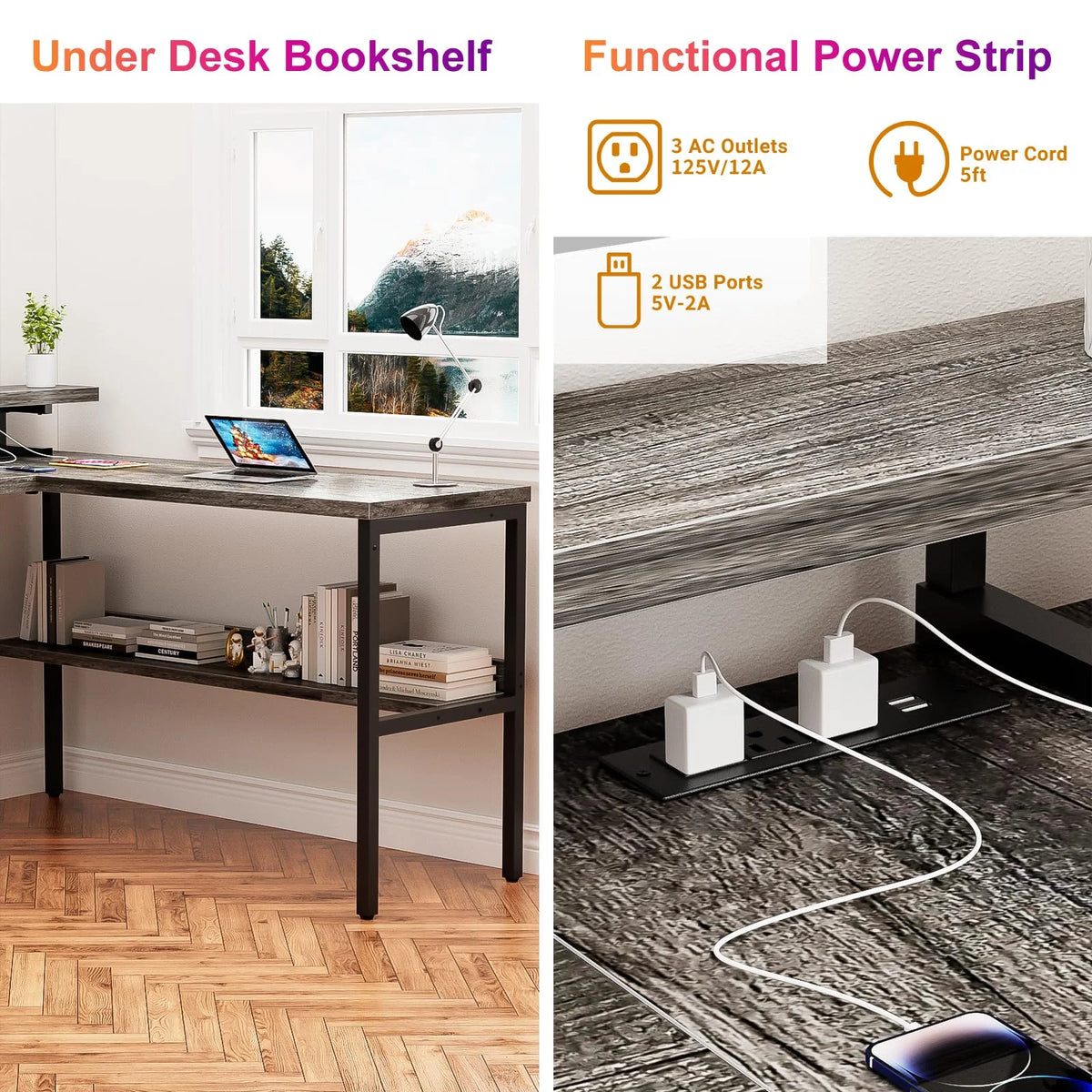 Black Oak U-Shaped Computer Desk with Power Outlets and LED Lights E8200
