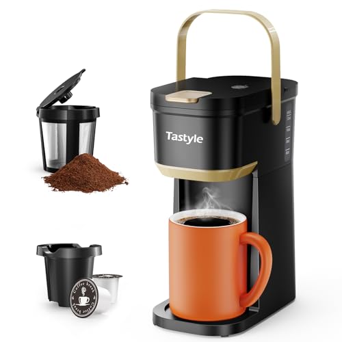 Single Serve Coffee Maker with Portable Handle, 6 to 12 Oz Brew Size, Black and Gold C567