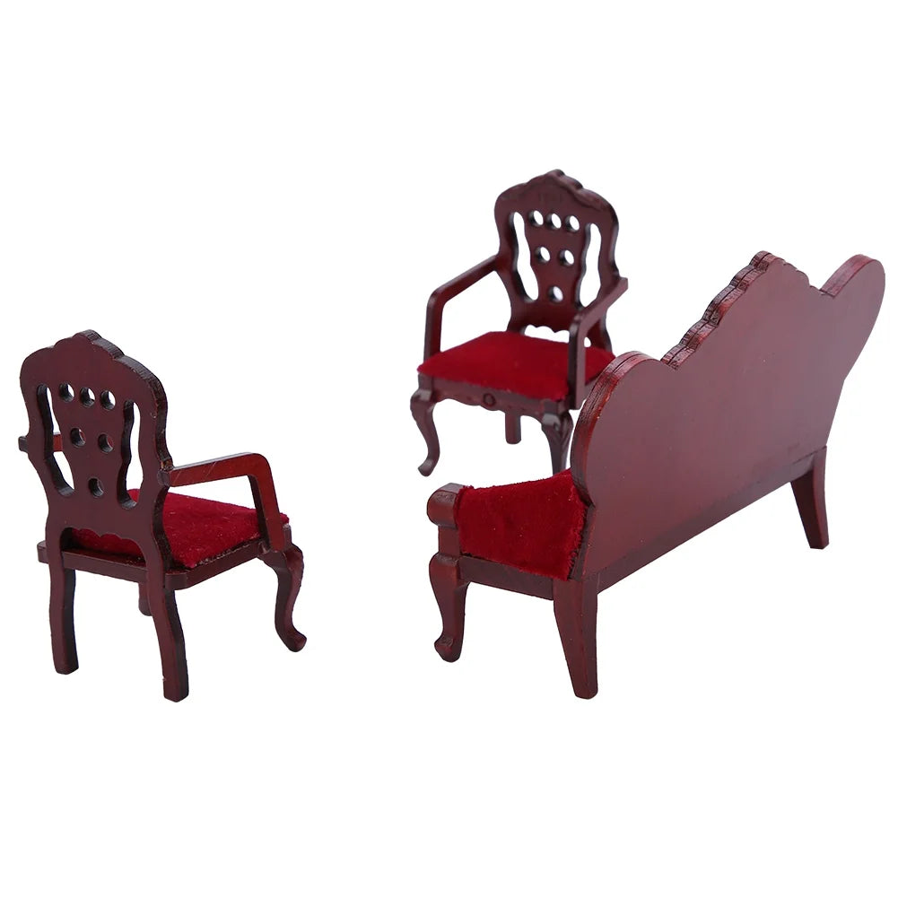 Red Wooden Dollhouse Sofa Chair Set S147