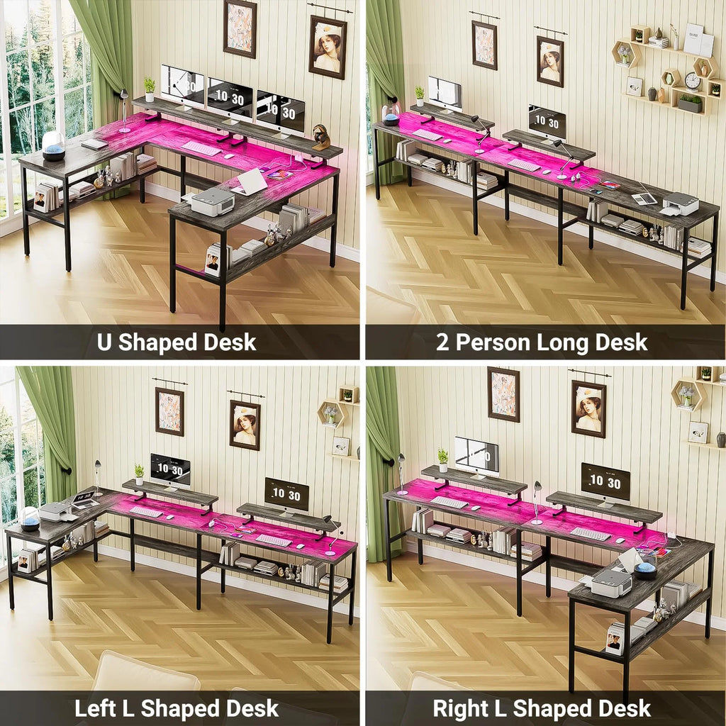 Black Oak U-Shaped Computer Desk with Power Outlets and LED Lights E8200