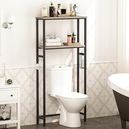 Greige and Black 2-Tier Over The Toilet Storage Shelf with Toilet Paper Holder and Hooks H431587