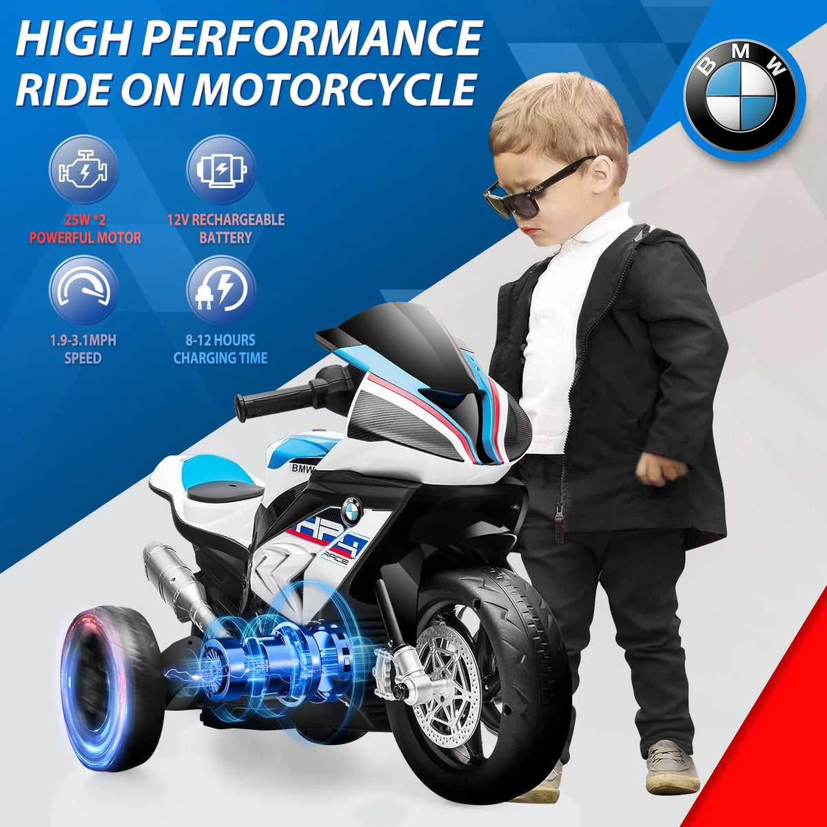 12V White 3 Wheels Kids Ride on Motorcycle G991