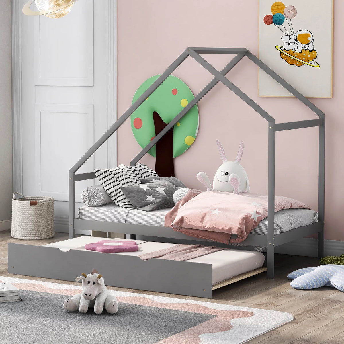Twin Size Gray Wooden House Bed with Trundle Z9567