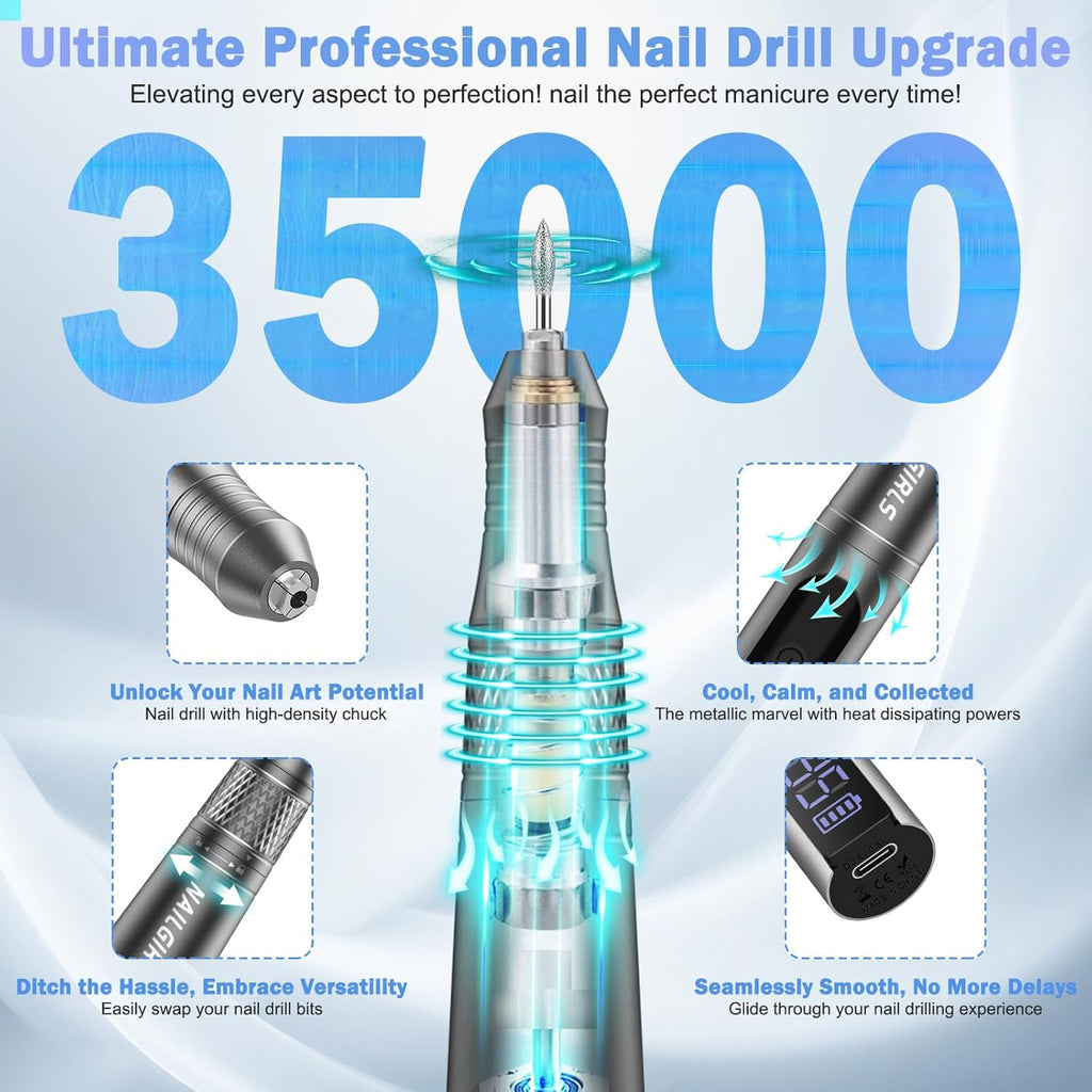 Cordless Electric Nail Drill 35000rpm with Drill Bits Set Gray J554154