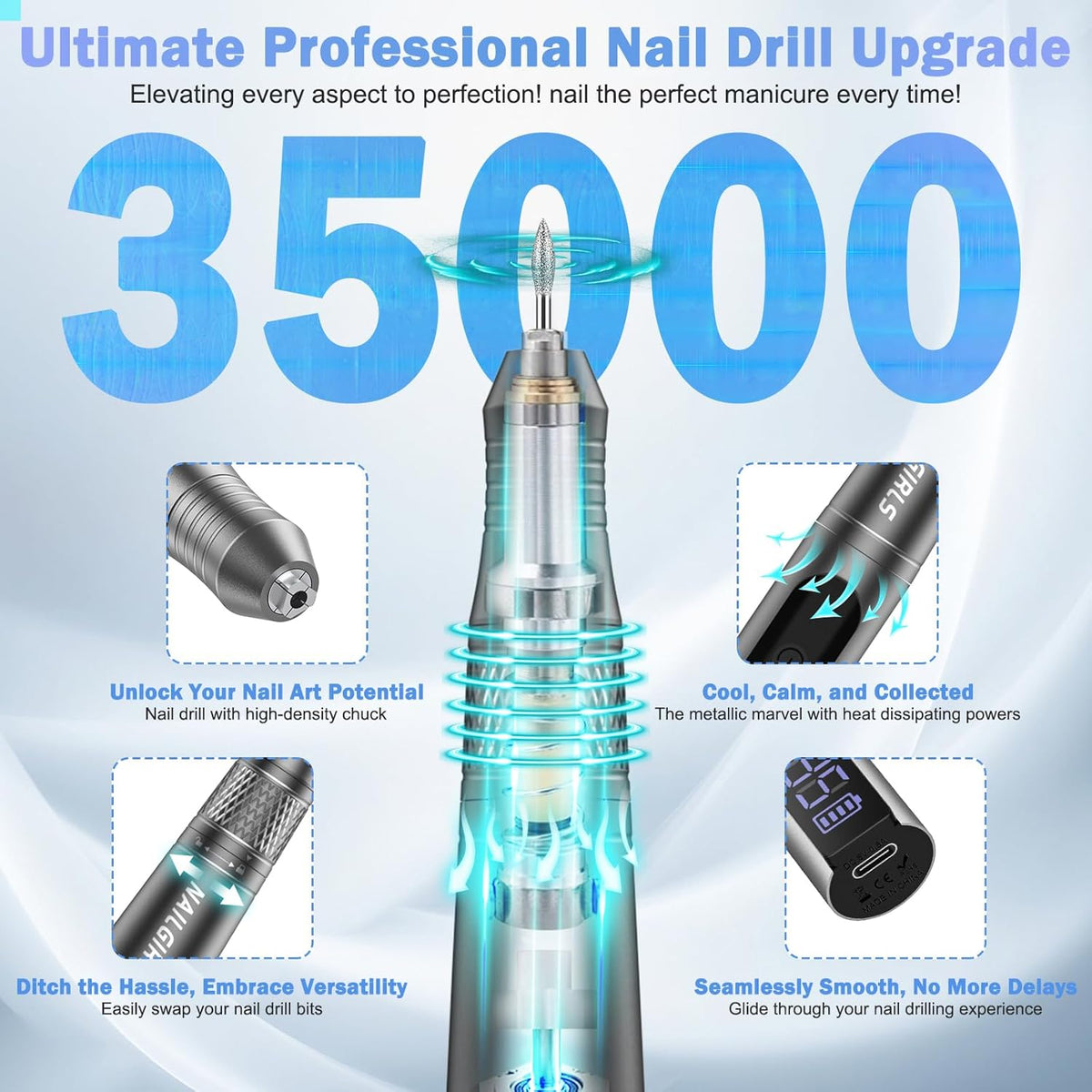 Cordless Electric Nail Drill 35000rpm with Drill Bits Set Gray J554154