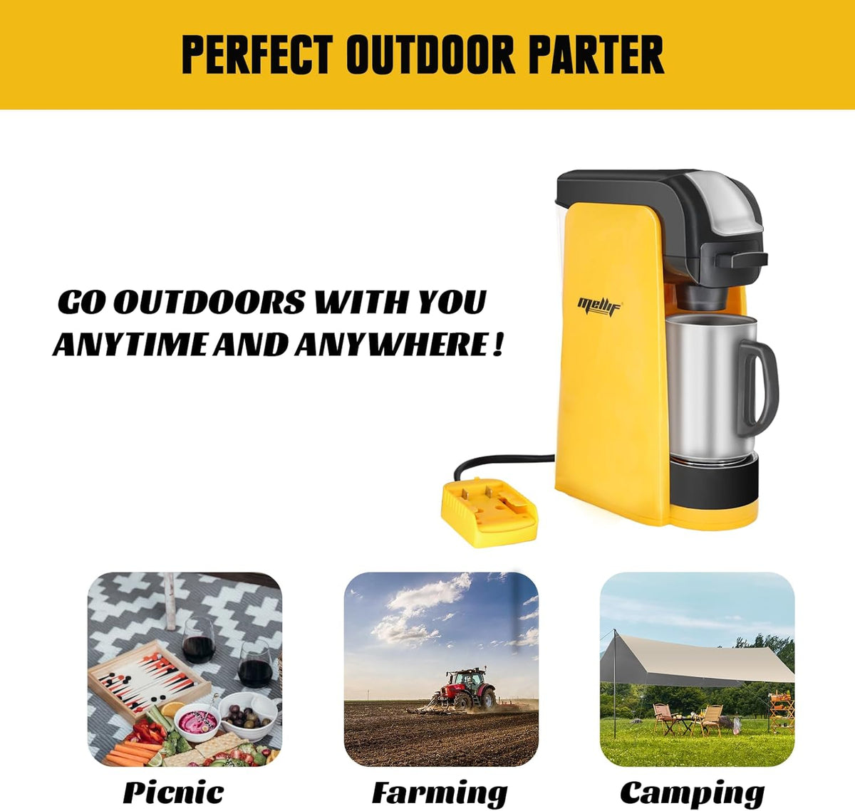 Cordless Coffee Maker for Dewalt 20V Max Battery, Portable Single-Serve Brewer for K-Cup Pods and Ground Coffee E9093