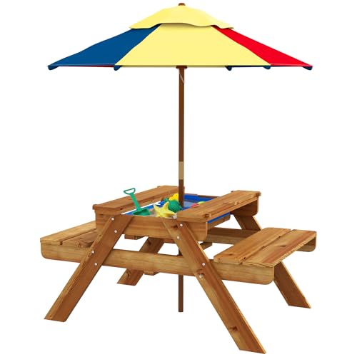Kids Picnic Table with Foldable Umbrella, 3 in 1 Sand and Water Activity Table C32186