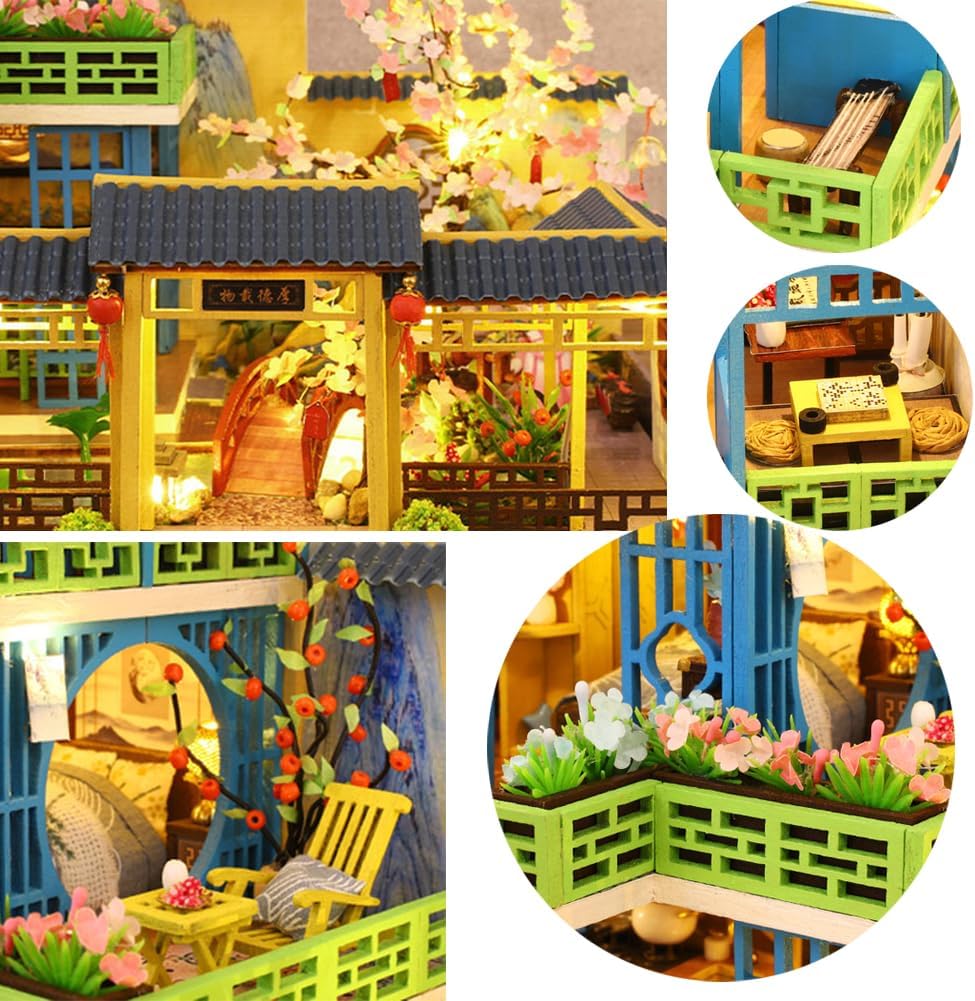 Miniature Three-Storey Villa Dolls House, Wooden Furniture, DIY Dollhouse Kit with LED B66689