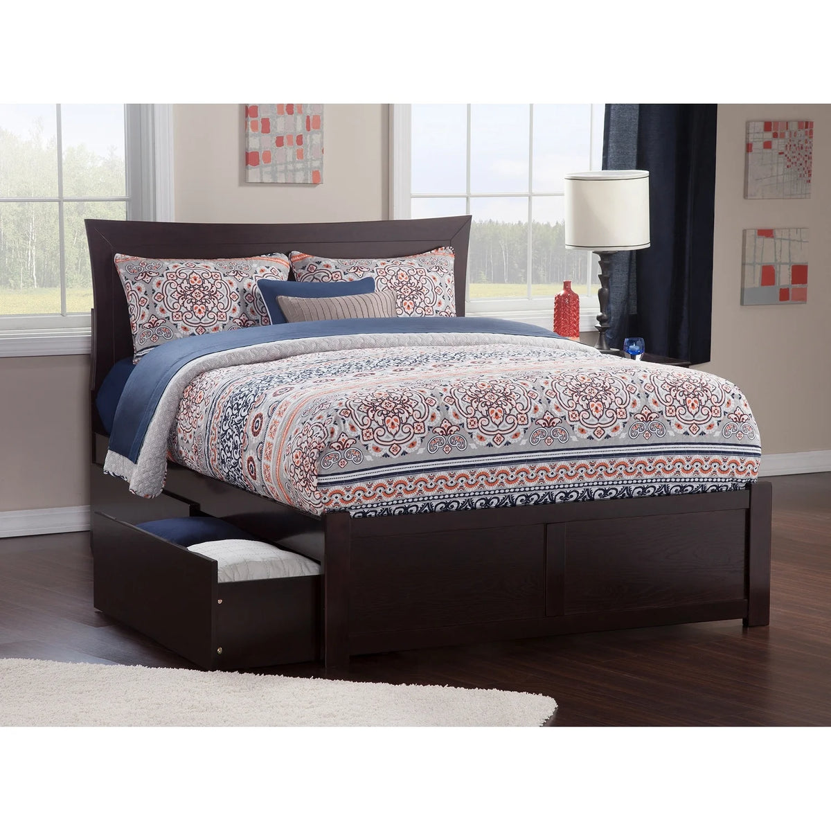 King Platform Bed with Footboard and 2 Drawers in Espresso T47780