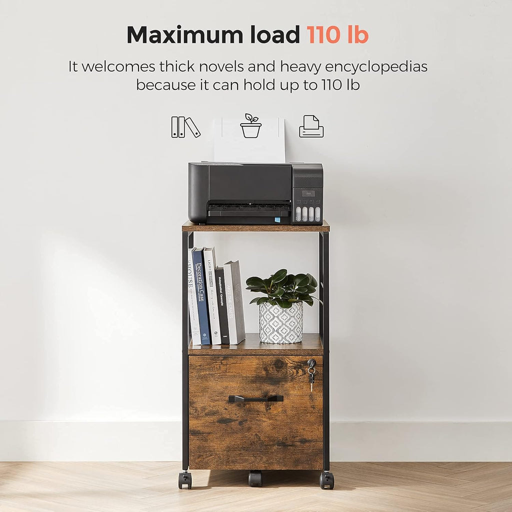 Rustic Brown and Black Rolling File Cabinet with Drawer and Lock Y299189