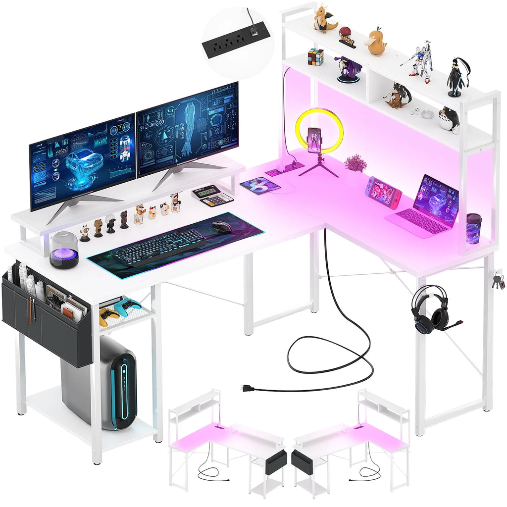 L Shaped Computer Desk with Power Outlets & LED Lights Y340397