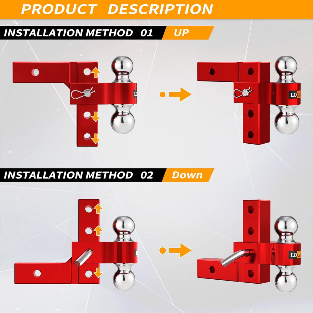 Adjustable Aluminum Trailer Hitch with Double Stainless Steel Pins, Red G3589
